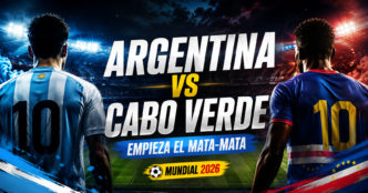 Argentina vs Cabo Verde por el Mundial 2026, con dos futbolistas de espaldas en un estadio y el mensaje empieza el mata-mata.