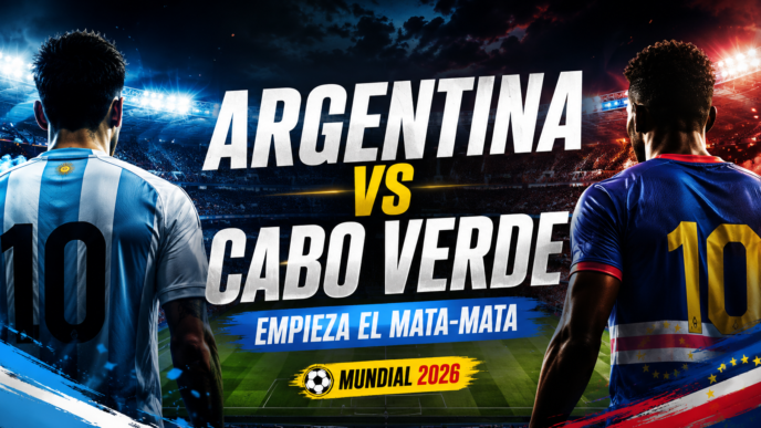 Argentina vs Cabo Verde por el Mundial 2026, con dos futbolistas de espaldas en un estadio y el mensaje empieza el mata-mata.