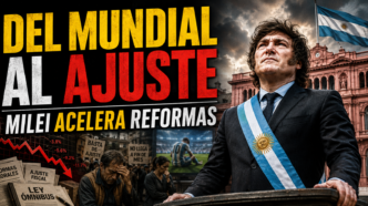 Javier Milei frente a la Casa Rosada en una miniatura sobre el ajuste de Milei tras el Mundial y el avance de nuevas reformas.