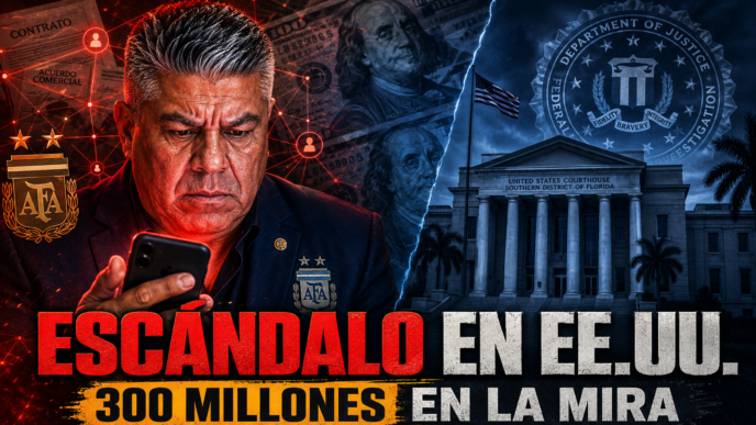 Claudio Tapia mira un celular en una escena de escándalo judicial y financiero en Estados Unidos, con tribunal de Florida, símbolo del FBI y fondo de dólares.