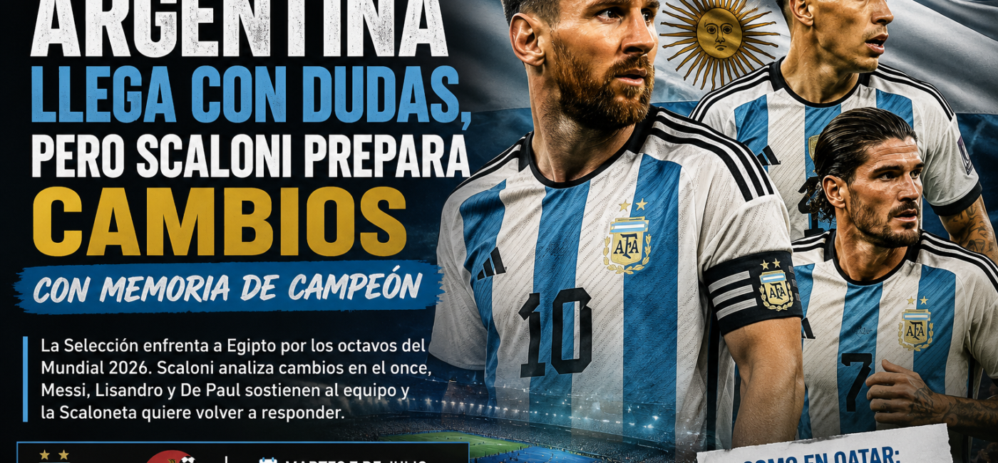 Portada de noticia sobre Argentina vs Egipto en el Mundial 2026, con la Selección llegando con dudas, posibles cambios de Scaloni y memoria de campeón.