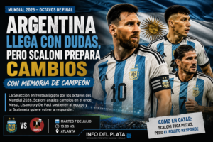 Portada de noticia sobre Argentina vs Egipto en el Mundial 2026, con la Selección llegando con dudas, posibles cambios de Scaloni y memoria de campeón.