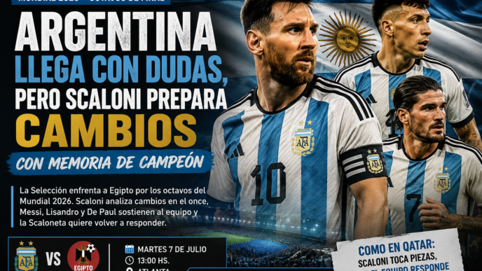 Portada de noticia sobre Argentina vs Egipto en el Mundial 2026, con la Selección llegando con dudas, posibles cambios de Scaloni y memoria de campeón.