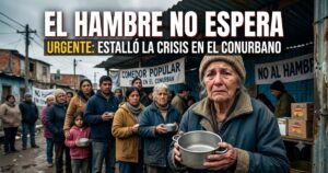 Una imagen impactante que captura la desesperanza de la crisis en el Conurbano: una anciana llorando con una olla vacía en la mano, esperando en una larga fila en un comedor popular, con pancartas que dicen "COMEDOR POPULAR" y "NO AL HAMBRE" de fondo.