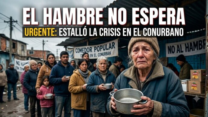 Una imagen impactante que captura la desesperanza de la crisis en el Conurbano: una anciana llorando con una olla vacía en la mano, esperando en una larga fila en un comedor popular, con pancartas que dicen "COMEDOR POPULAR" y "NO AL HAMBRE" de fondo.