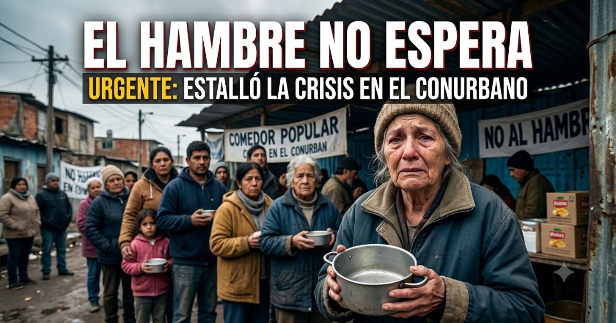 Una imagen impactante que captura la desesperanza de la crisis en el Conurbano: una anciana llorando con una olla vacía en la mano, esperando en una larga fila en un comedor popular, con pancartas que dicen "COMEDOR POPULAR" y "NO AL HAMBRE" de fondo.