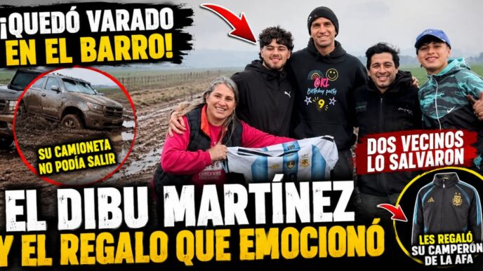 Dibu Martínez junto a los vecinos que lo ayudaron después de quedar atrapado con su camioneta en el barro en Sierra de los Padres.