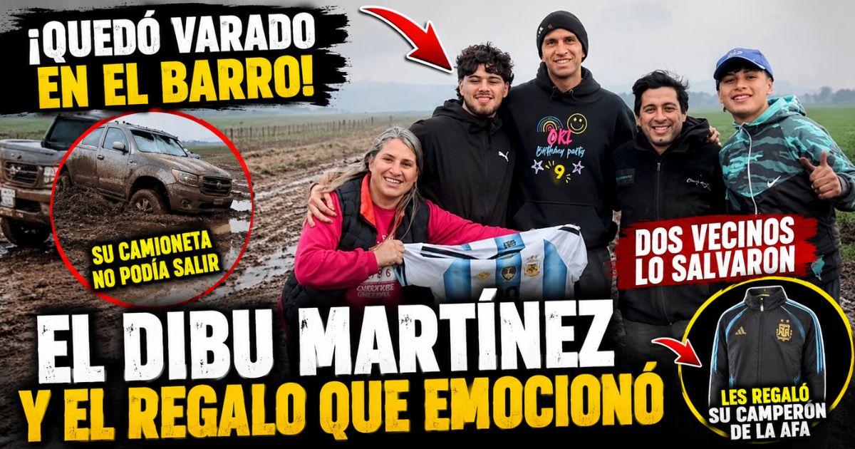 Dibu Martínez junto a los vecinos que lo ayudaron después de quedar atrapado con su camioneta en el barro en Sierra de los Padres.