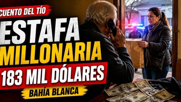 Miniatura sobre estafa millonaria en Bahía Blanca: un adulto mayor fue engañado por teléfono bajo la modalidad cuento del tío y le robaron 183 mil dólares.