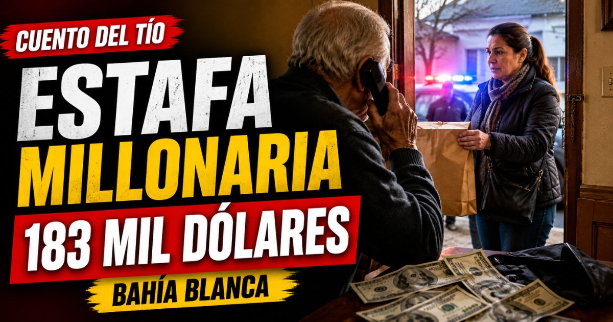 Miniatura sobre estafa millonaria en Bahía Blanca: un adulto mayor fue engañado por teléfono bajo la modalidad cuento del tío y le robaron 183 mil dólares.