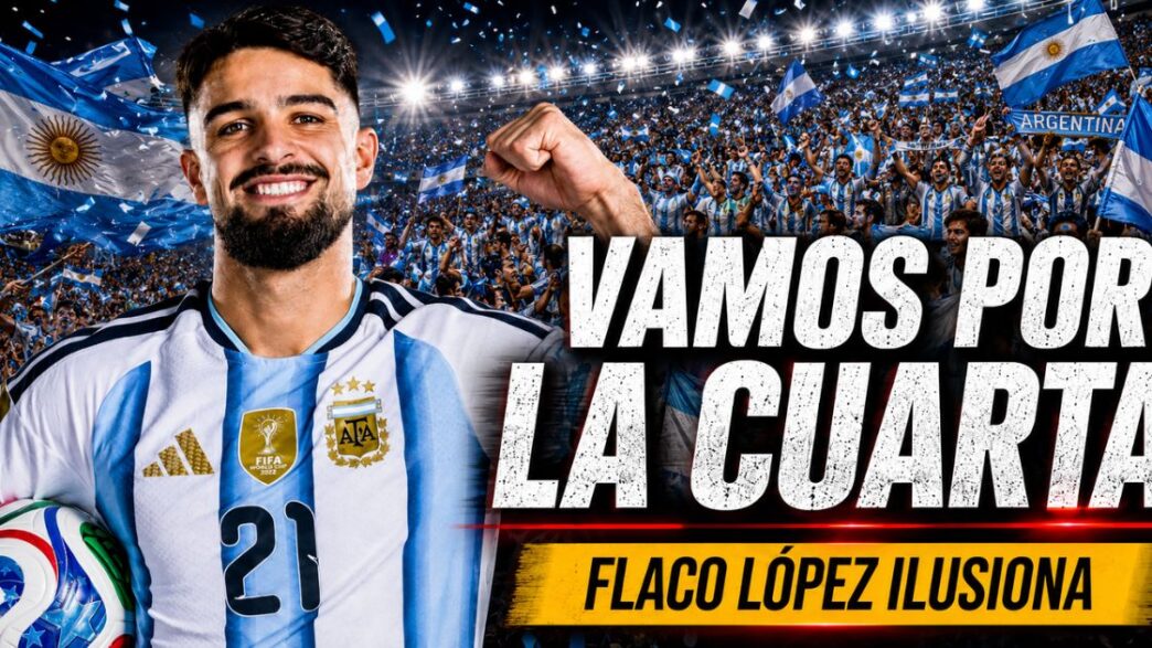 Flaco López con la camiseta de la Selección Argentina frente a una multitud de hinchas y el mensaje “Vamos por la cuarta”.