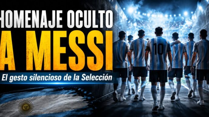 Miniatura de la Selección Argentina caminando de espaldas hacia el estadio con el texto Homenaje oculto a Messi, en referencia al gesto silencioso del plantel durante el Mundial.