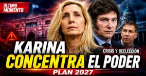 Karina Milei aparece como figura central del poder libertario junto a Javier Milei y Diego Santilli, con la Casa Rosada y el Congreso de fondo en una miniatura sobre crisis política, reforma electoral y plan de reelección 2027.