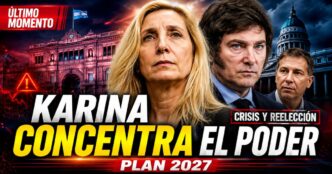 Karina Milei aparece como figura central del poder libertario junto a Javier Milei y Diego Santilli, con la Casa Rosada y el Congreso de fondo en una miniatura sobre crisis política, reforma electoral y plan de reelección 2027.