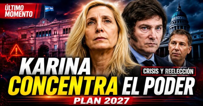 Karina Milei aparece como figura central del poder libertario junto a Javier Milei y Diego Santilli, con la Casa Rosada y el Congreso de fondo en una miniatura sobre crisis política, reforma electoral y plan de reelección 2027.