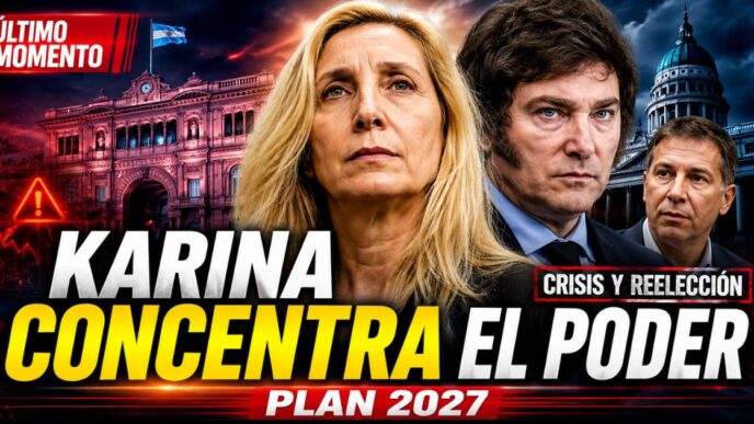 Karina Milei aparece como figura central del poder libertario junto a Javier Milei y Diego Santilli, con la Casa Rosada y el Congreso de fondo en una miniatura sobre crisis política, reforma electoral y plan de reelección 2027.