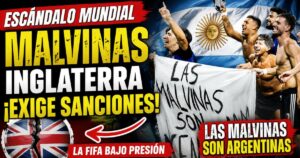 Jugadores de la Selección argentina celebran con una bandera que dice “Las Malvinas son argentinas” tras vencer a Inglaterra, mientras el Gobierno británico exige sanciones ante la FIFA.