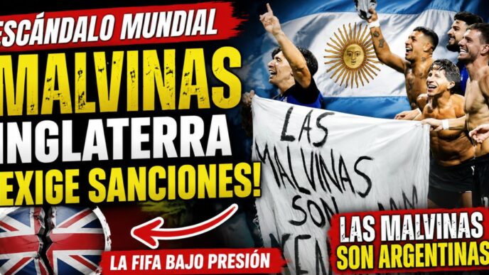 Jugadores de la Selección argentina celebran con una bandera que dice “Las Malvinas son argentinas” tras vencer a Inglaterra, mientras el Gobierno británico exige sanciones ante la FIFA.