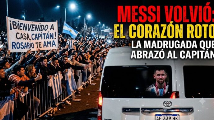 Miniatura de noticia que muestra a un lado una multitud de hinchas de Rosario con una pancarta que dice "BIENVENIDO A CASA, CAPITÁN!", y al otro lado el rostro de Lionel Messi mirando por la ventana de una camioneta blanca, con el texto superpuesto en grande "¡MESSI VOLVIÓ! EL DOLOR DEL CAPITÁN" y "UNA CIUDAD QUE LE ABRAZA".