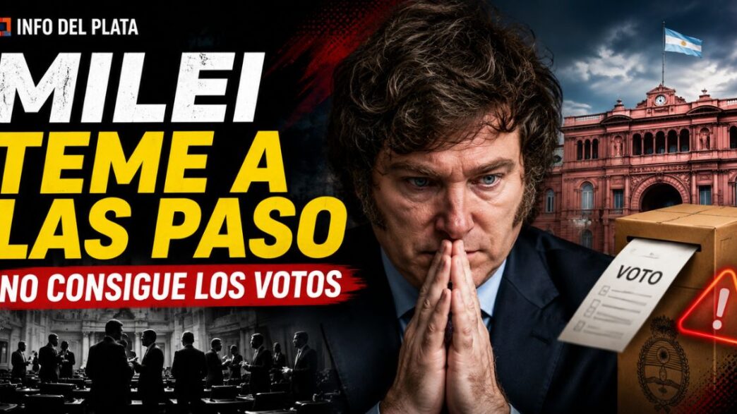 Javier Milei preocupado ante la falta de votos para suspender las PASO, con la Casa Rosada, una urna electoral y el Congreso de fondo.