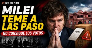 Javier Milei preocupado ante la falta de votos para suspender las PASO, con la Casa Rosada, una urna electoral y el Congreso de fondo.