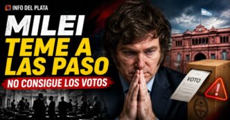 Javier Milei preocupado ante la falta de votos para suspender las PASO, con la Casa Rosada, una urna electoral y el Congreso de fondo.