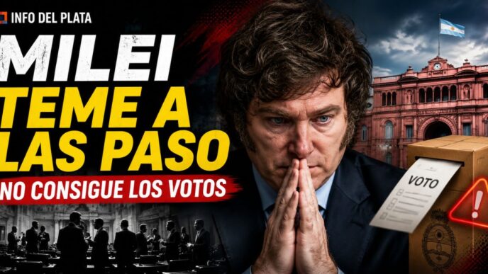 Javier Milei preocupado ante la falta de votos para suspender las PASO, con la Casa Rosada, una urna electoral y el Congreso de fondo.