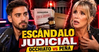 Miniatura del escándalo judicial entre Nicolás Occhiato y Florencia Peña, con documentos legales, micrófonos y clima de tensión mediática.