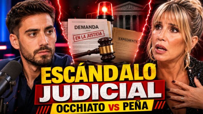 Miniatura del escándalo judicial entre Nicolás Occhiato y Florencia Peña, con documentos legales, micrófonos y clima de tensión mediática.