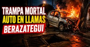Auto incendiado tras chocar contra un árbol por una boca de tormenta sin tapa en Berazategui.