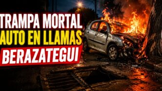 Auto incendiado tras chocar contra un árbol por una boca de tormenta sin tapa en Berazategui.
