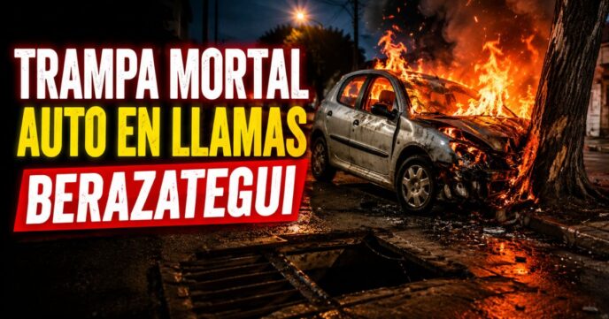 Auto incendiado tras chocar contra un árbol por una boca de tormenta sin tapa en Berazategui.