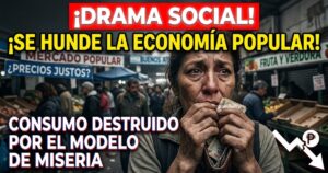 Una mujer trabajadora argentina llora de angustia, con un billete de 20 pesos insignificante en la mano y la billetera vacía, en un mercado popular que muestra puestos con poca mercadería. El fondo borroso evoca la desolación de la crisis. Un gráfico superpuesto muestra una línea roja de colapso de la actividad económica con una flecha quebrada hacia abajo. El texto dramático sobre la imagen grita: '¡DRAMA SOCIAL! ¡SE HUNDE LA ECONOMÍA POPULAR! CONSUMO DESTRUIDO POR EL MODELO DE MISERIA'. La imagen capta el momento exacto de la desesperanza económica en un barrio popular.