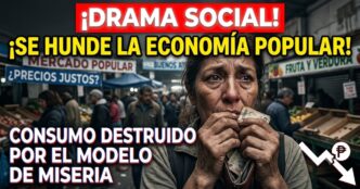 Una mujer trabajadora argentina llora de angustia, con un billete de 20 pesos insignificante en la mano y la billetera vacía, en un mercado popular que muestra puestos con poca mercadería. El fondo borroso evoca la desolación de la crisis. Un gráfico superpuesto muestra una línea roja de colapso de la actividad económica con una flecha quebrada hacia abajo. El texto dramático sobre la imagen grita: '¡DRAMA SOCIAL! ¡SE HUNDE LA ECONOMÍA POPULAR! CONSUMO DESTRUIDO POR EL MODELO DE MISERIA'. La imagen capta el momento exacto de la desesperanza económica en un barrio popular.