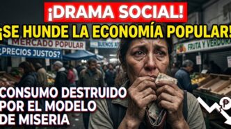 Una mujer trabajadora argentina llora de angustia, con un billete de 20 pesos insignificante en la mano y la billetera vacía, en un mercado popular que muestra puestos con poca mercadería. El fondo borroso evoca la desolación de la crisis. Un gráfico superpuesto muestra una línea roja de colapso de la actividad económica con una flecha quebrada hacia abajo. El texto dramático sobre la imagen grita: '¡DRAMA SOCIAL! ¡SE HUNDE LA ECONOMÍA POPULAR! CONSUMO DESTRUIDO POR EL MODELO DE MISERIA'. La imagen capta el momento exacto de la desesperanza económica en un barrio popular.