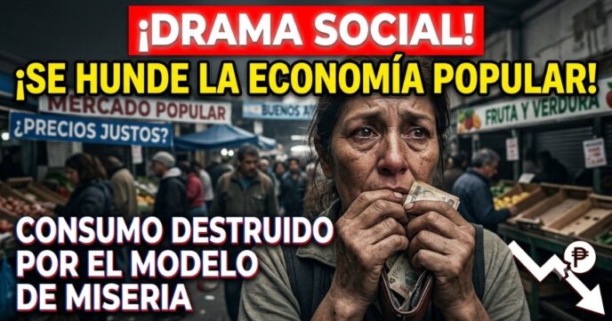 Una mujer trabajadora argentina llora de angustia, con un billete de 20 pesos insignificante en la mano y la billetera vacía, en un mercado popular que muestra puestos con poca mercadería. El fondo borroso evoca la desolación de la crisis. Un gráfico superpuesto muestra una línea roja de colapso de la actividad económica con una flecha quebrada hacia abajo. El texto dramático sobre la imagen grita: '¡DRAMA SOCIAL! ¡SE HUNDE LA ECONOMÍA POPULAR! CONSUMO DESTRUIDO POR EL MODELO DE MISERIA'. La imagen capta el momento exacto de la desesperanza económica en un barrio popular.