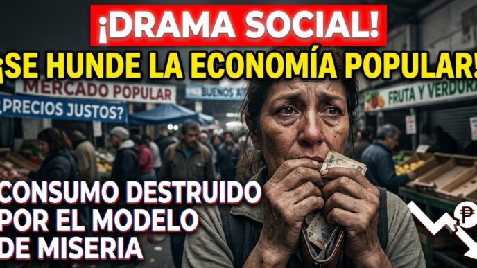 Una mujer trabajadora argentina llora de angustia, con un billete de 20 pesos insignificante en la mano y la billetera vacía, en un mercado popular que muestra puestos con poca mercadería. El fondo borroso evoca la desolación de la crisis. Un gráfico superpuesto muestra una línea roja de colapso de la actividad económica con una flecha quebrada hacia abajo. El texto dramático sobre la imagen grita: '¡DRAMA SOCIAL! ¡SE HUNDE LA ECONOMÍA POPULAR! CONSUMO DESTRUIDO POR EL MODELO DE MISERIA'. La imagen capta el momento exacto de la desesperanza económica en un barrio popular.