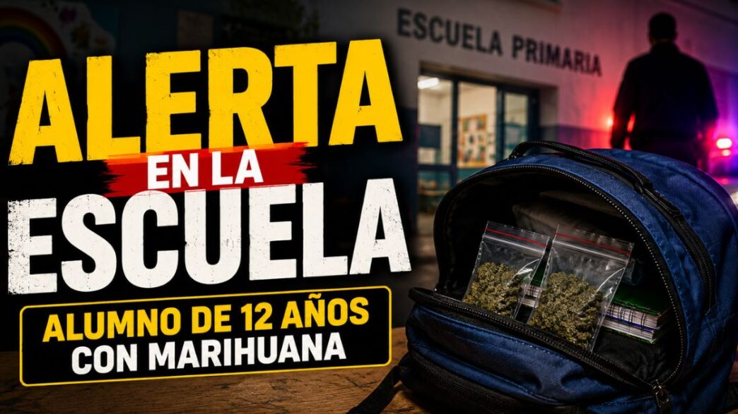 Mochila escolar con envoltorios de marihuana frente a una escuela primaria de Mendoza, donde un alumno de 12 años fue descubierto con la sustancia.