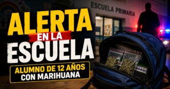 Mochila escolar con envoltorios de marihuana frente a una escuela primaria de Mendoza, donde un alumno de 12 años fue descubierto con la sustancia.