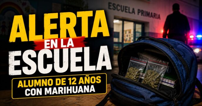 Mochila escolar con envoltorios de marihuana frente a una escuela primaria de Mendoza, donde un alumno de 12 años fue descubierto con la sustancia.