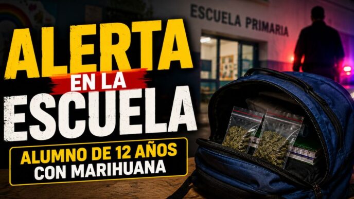Mochila escolar con envoltorios de marihuana frente a una escuela primaria de Mendoza, donde un alumno de 12 años fue descubierto con la sustancia.
