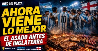 Selección argentina reunida antes de la semifinal contra Inglaterra, con una parrilla encendida y el título “Ahora viene lo mejor”.