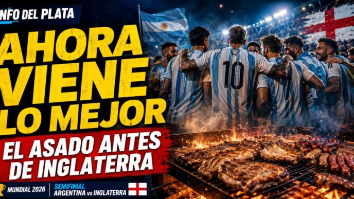Selección argentina reunida antes de la semifinal contra Inglaterra, con una parrilla encendida y el título “Ahora viene lo mejor”.
