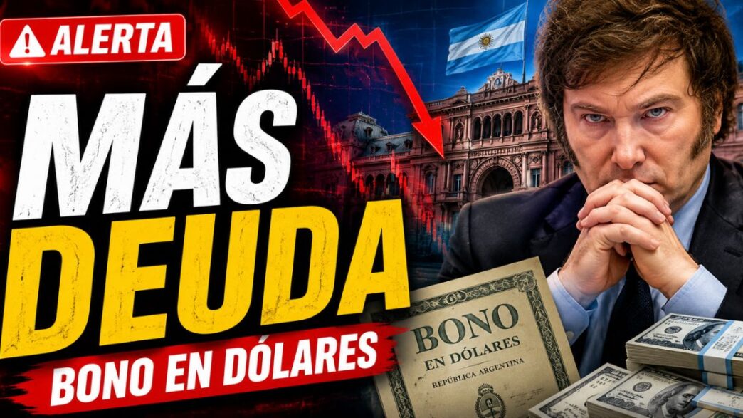Miniatura de noticia sobre el nuevo bono en dólares del Gobierno de Milei, con alerta por más deuda, gráficos financieros en caída, dólares y una imagen de crisis económica en Argentina.