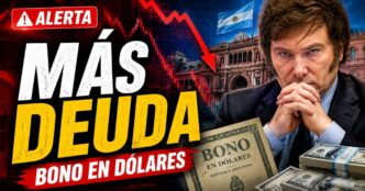 Miniatura de noticia sobre el nuevo bono en dólares del Gobierno de Milei, con alerta por más deuda, gráficos financieros en caída, dólares y una imagen de crisis económica en Argentina.