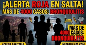 Alerta roja por bronquiolitis en Salta: siluetas de familias desesperadas en un hospital pediátrico ante más de 4000 casos y una grave crisis sanitaria infantil.