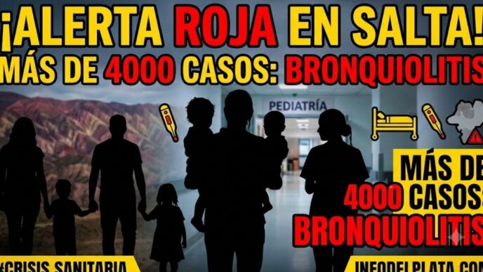 Alerta roja por bronquiolitis en Salta: siluetas de familias desesperadas en un hospital pediátrico ante más de 4000 casos y una grave crisis sanitaria infantil.