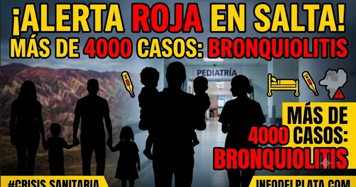 Alerta roja por bronquiolitis en Salta: siluetas de familias desesperadas en un hospital pediátrico ante más de 4000 casos y una grave crisis sanitaria infantil.