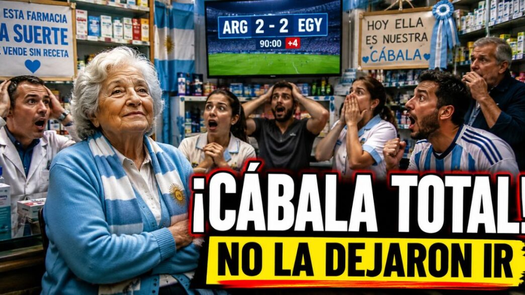Señora en una farmacia convertida en cábala de la Selección Argentina durante el empate ante Egipto en el Mundial 2026.