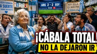 Señora en una farmacia convertida en cábala de la Selección Argentina durante el empate ante Egipto en el Mundial 2026.